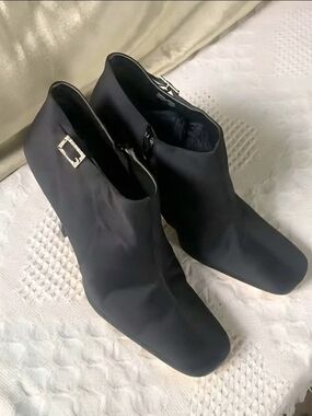 Vintage Black Satin Ankle Boots ~ Rhinestone Buckle ~Square Toe Flared Heel Boot
